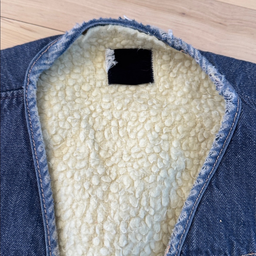 Vintage Sears Roebucks Distressed Denim Vest-Sherpa Lined-Boho-Unisex - Picture 2 of 7